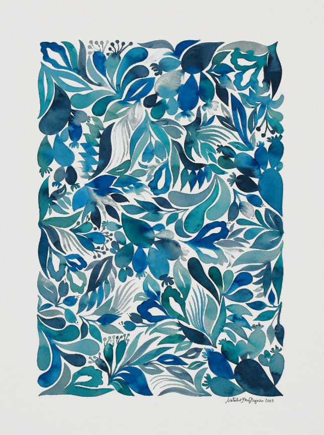 Teal Plants by Natalie Fine Shapiro  Image: Abstract plant pattern in blue and teals.