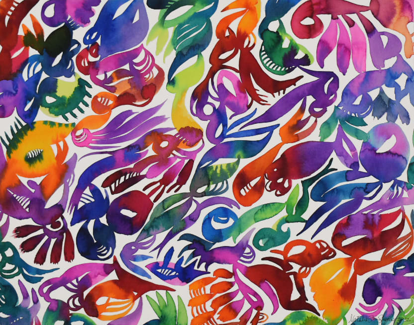 Bold Rainbow Creatures by Natalie Fine Shapiro  Image: Abstract creatures in bold rainbow colors, swimming through space.