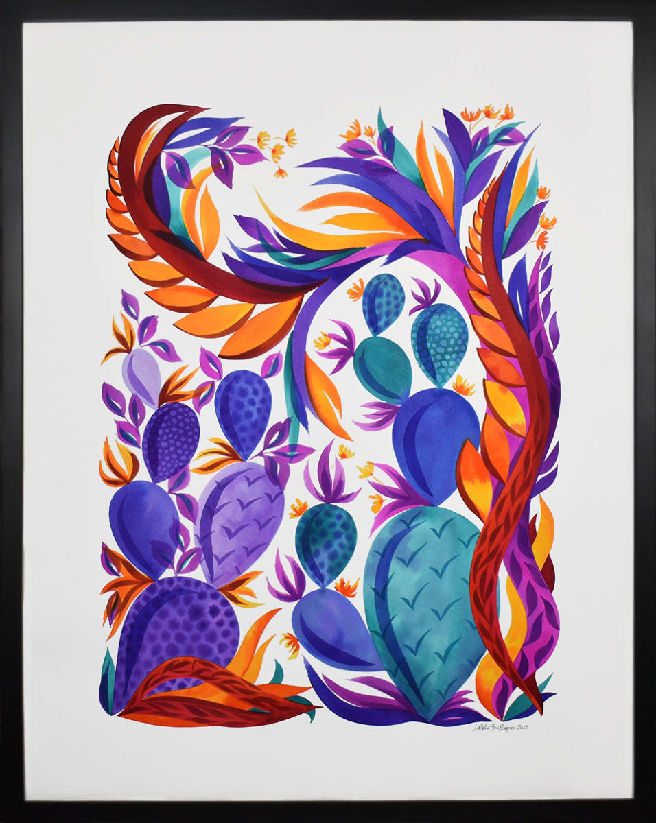 Cacti Oasis by Natalie Fine Shapiro  Image: Blue and purple cacti in an oasis of wild, twisting vines.