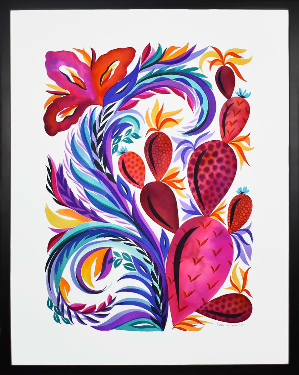 Crimson Cactus by Natalie Fine Shapiro  Image: Cactus in shades of red surrounded by vibrant swirling vines.