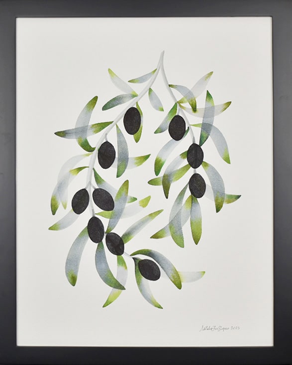 Olive Wreath by Natalie Fine Shapiro  Image: Olive branches in the shape of a wreath with black olives and green and gray leaves.