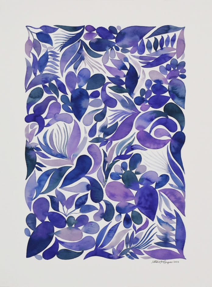 Periwinkle Plants by Natalie Fine Shapiro  Image: Abstract plant pattern in cool purple tones.