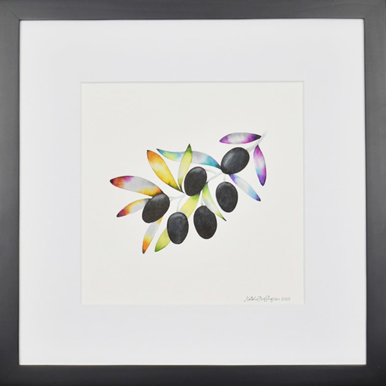 Rainbow Olives by Natalie Fine Shapiro  Image: This piece represents peace, unity, and love.  An olive branch with black olives and rainbow leaves. Painted with liquid watercolor, the colors are bold and vibrant.