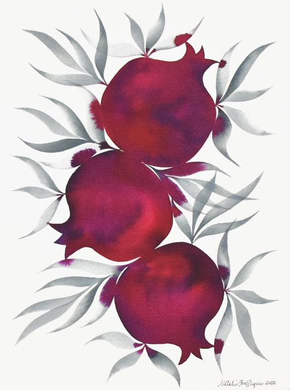 Three Jerusalem Pomegranates by Natalie Fine Shapiro  Image: Juicy cluster of pomegranates surrounded by transparent gray leaves, inspired by travels to Israel.