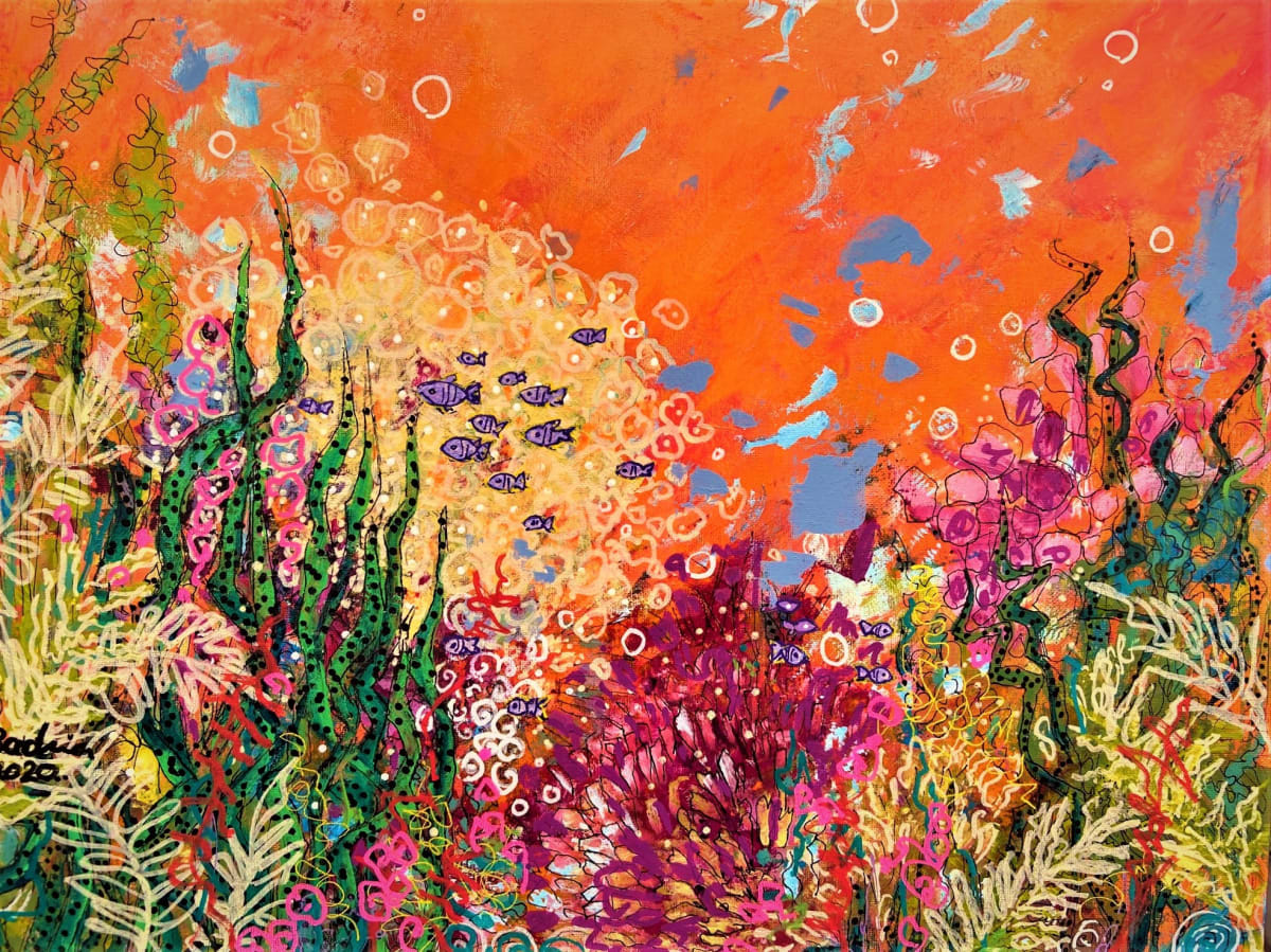 Under sea wave5 by Badria Shamsi  Image: Rich with lush vibrant underwater life swaying gracefully to the rhythms of soft gentle currents and lit by sunlight from above, my art transports me to realms of incredible beauty, calm, and bliss.