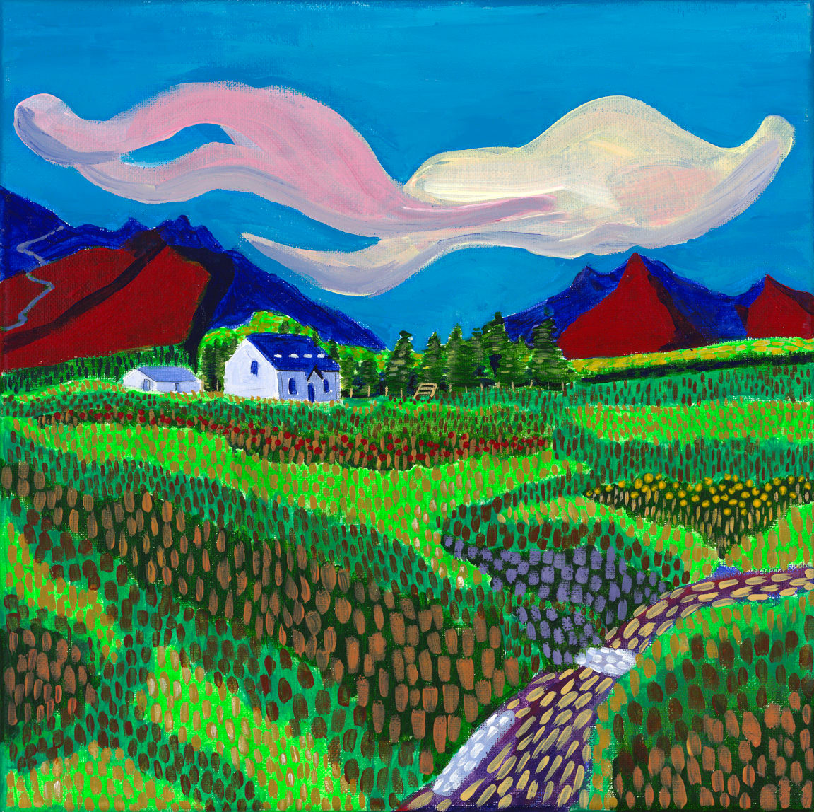 Field in Scotland by Brittany Barnett  Image: A cottage sits in a field of flowers. A walking path meanders through the foreground and bold mountains in the distance angle towards the sky while playful clouds float overhead.