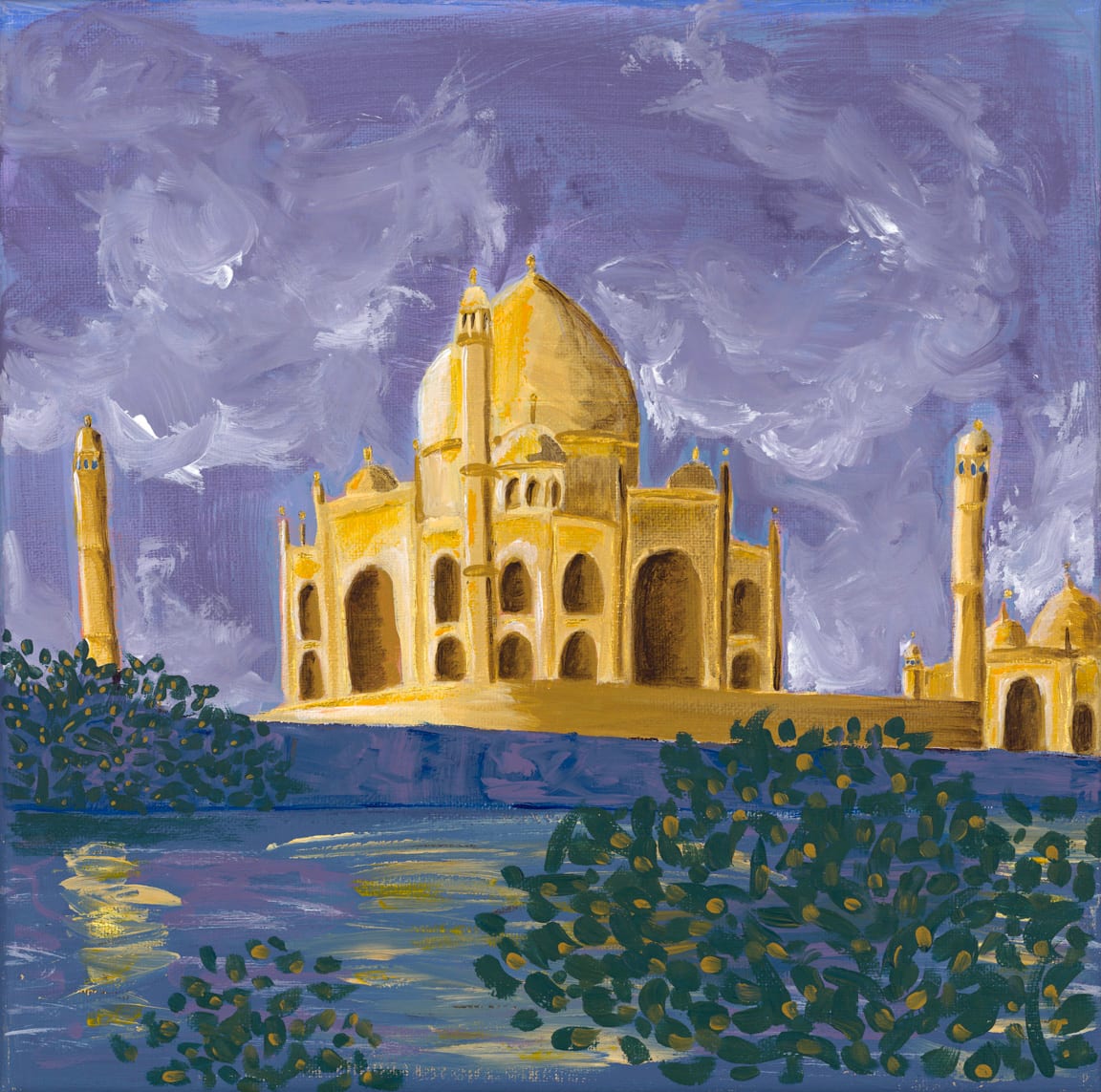 Taj Mahal in Purple and Gold by Brittany Barnett  Image: A golden yellow palace stands beneath a roiling violet sky. The foreground is fringed with bushes reminiscent of peacock feathers.