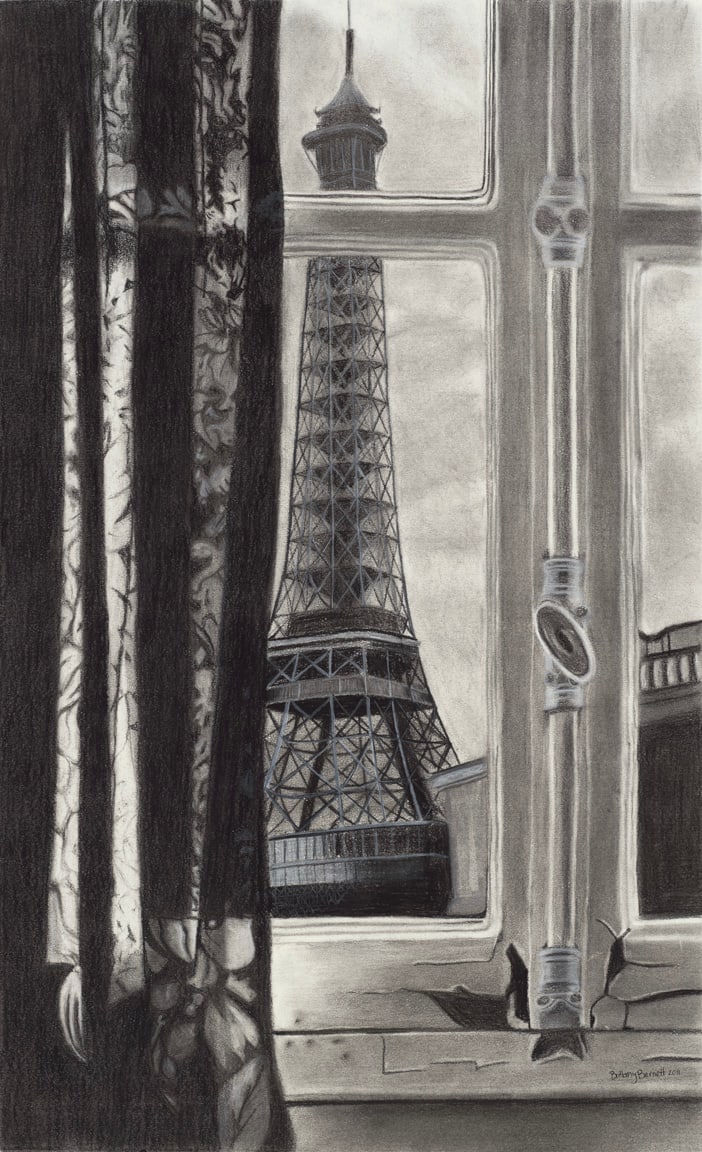 Eiffel Tower through a Window by Brittany Barnett  Image: The Eiffel Tower is seen through a window, framed by sheer black lace curtains on the left and the window frame and opening mechanism on the right.