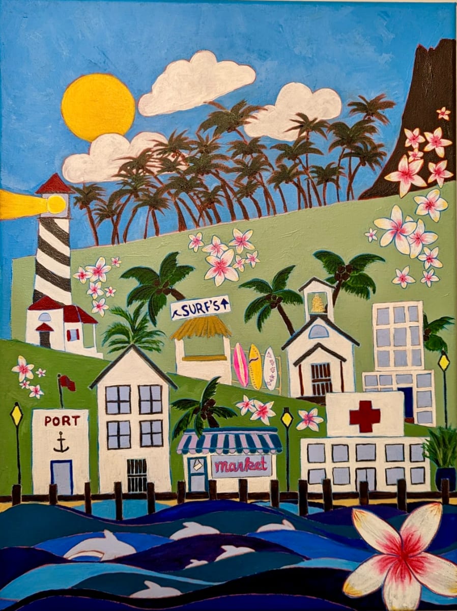 Stacked Horizon Seascape by Brittany Barnett  Image: A vibrant town sits on a hillside. Dolphins swim near the port in the foreground and flowers dot the scene.