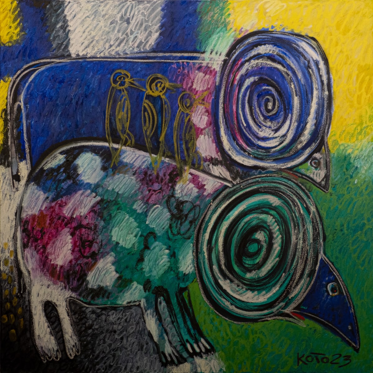 Upbring by Koto Javakhyan  Image: Series: "Animal Conformism" 
Acrylic & Oil Stick on Canvas