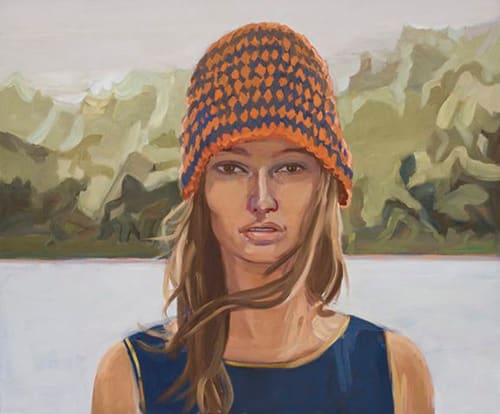 Girl with knitted cap and green mountains by Janet Werner 