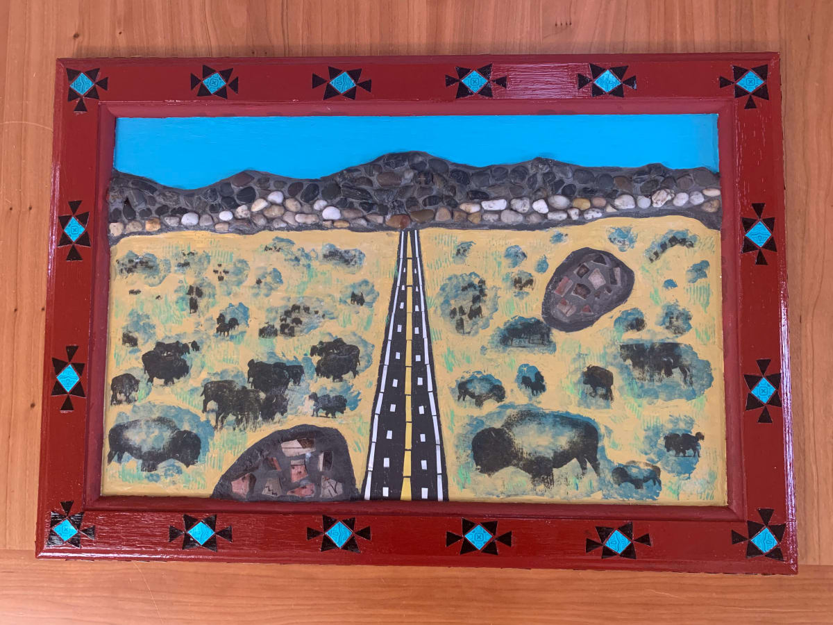 The Road to Santa Fe by Dina Afek  Image: I imagine how the New Mexico landscape looked like when there were bisons roaming freely. I call the bushes in the desert the buffalo bushes and for a long time I wanted to capture what I see in my mind on canvas.  This is my first attempt at using transfers and incorporating painting and various materials for the mosaic. 