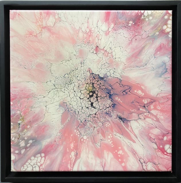 Starburst by Marcy Stone  Image: Pinks, whites and golds, this piece has a soft star gazing feel.  Complete with a varnish finish and in a black frame.