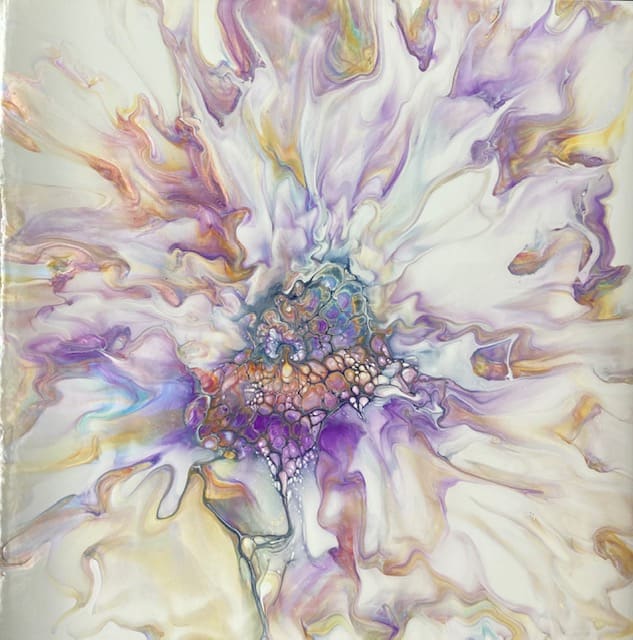 Tranquil Days by Marcy Stone  Image: Imagine the flowers dancing in the breeze of a tranquil summer day...this birch wood canvas with clean wood edges finished with a beautiful resin glow which enhances the shimmer of whites, golds and purples throughout. 