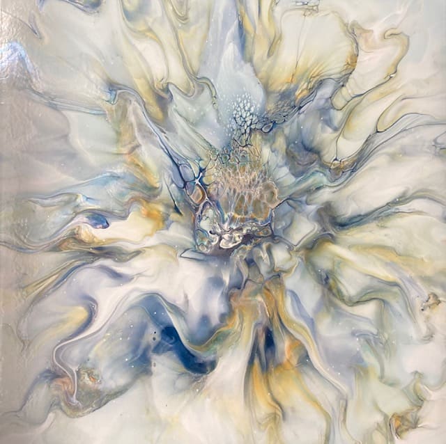 Blue Bloom by Marcy Stone  Image: Soft whisky petals of blues with shimmers of golds and pearl.  On a birch wood board, the edges are clean wood with a beautiful resin finish throughout.