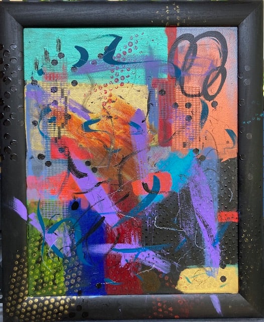 Coloring Outside the Lines by Marcy Stone  Image: Who says rules aren't meant to be broken?   Find the mystery within this fun and colorful piece that is all about no rules!  Combining the frame into the action, see and feel the texture throughout this unorthodox blaze of color.  