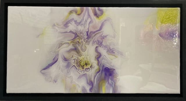 Orchid by Marcy Stone  Image: Shimmers of lavender, honeycomb and golds.  Complete with a resin finish and a black oak frame.