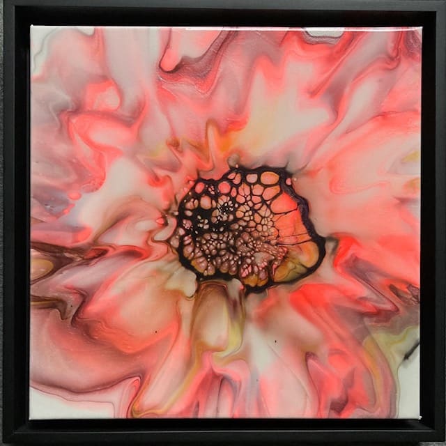 Poppy by Marcy Stone  Image: Petals of reds and shimmery whites, this piece is resined for a beautiful finish in a black frame