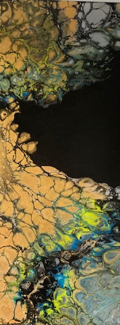 Emerging Butterfly by Marcy Stone  Image: Rich deep colors of golds, blues and black.  Get lost as you follow the lines and find your peace within.  Varnish finish