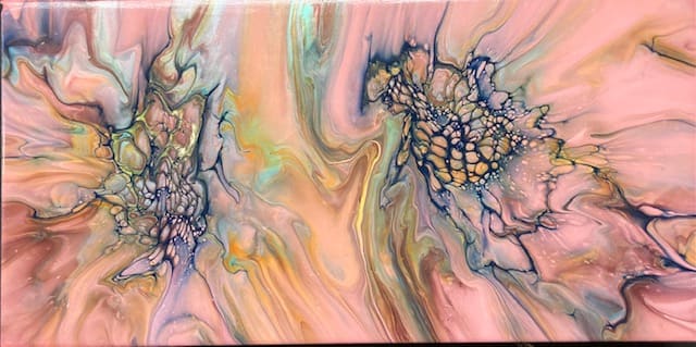 Twin Flame by Marcy Stone  Image: Shimmers and swirls unique unto themselves yet nearly identical.  This piece has been resined to enhance the colors and shimmer throughout.