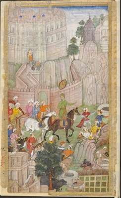 Babur Visiting the Urvahshi Valley in Gwalior, painted ca. 1590 by Dhanraj, artist 