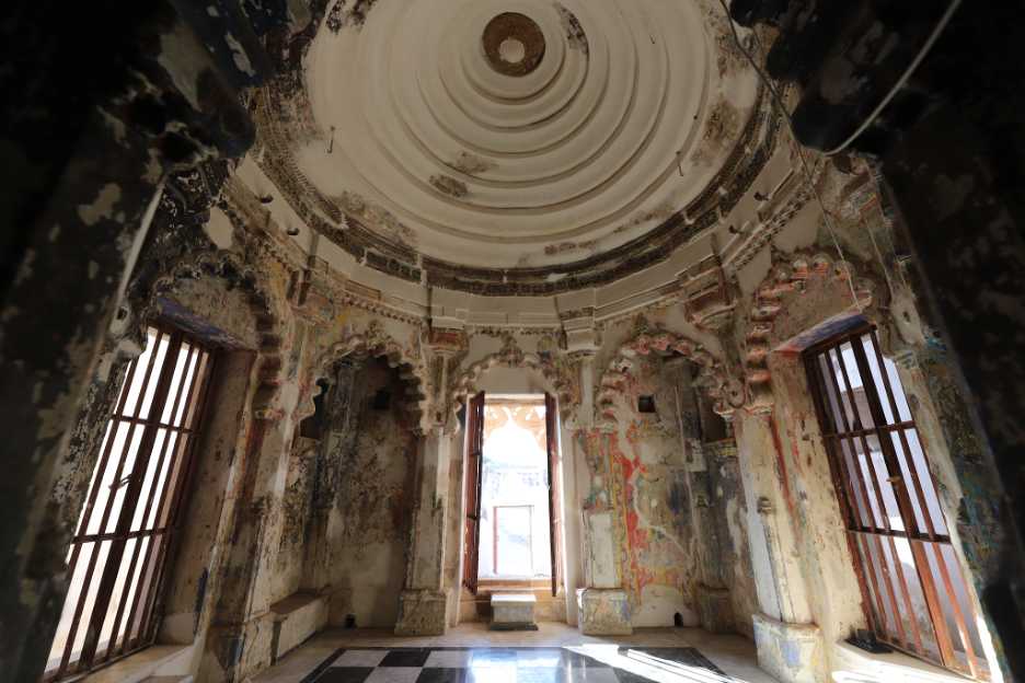 Interior of the Dome of Nagarparkar Bazaar Temple, 18th c. by Sindh, Pakistan  Image: Mandapa of the Bazar Mandir Nagarparkar with its renovated floor and partially plastered walls and dome that unfortunately cover parts of the frescos present on them. 