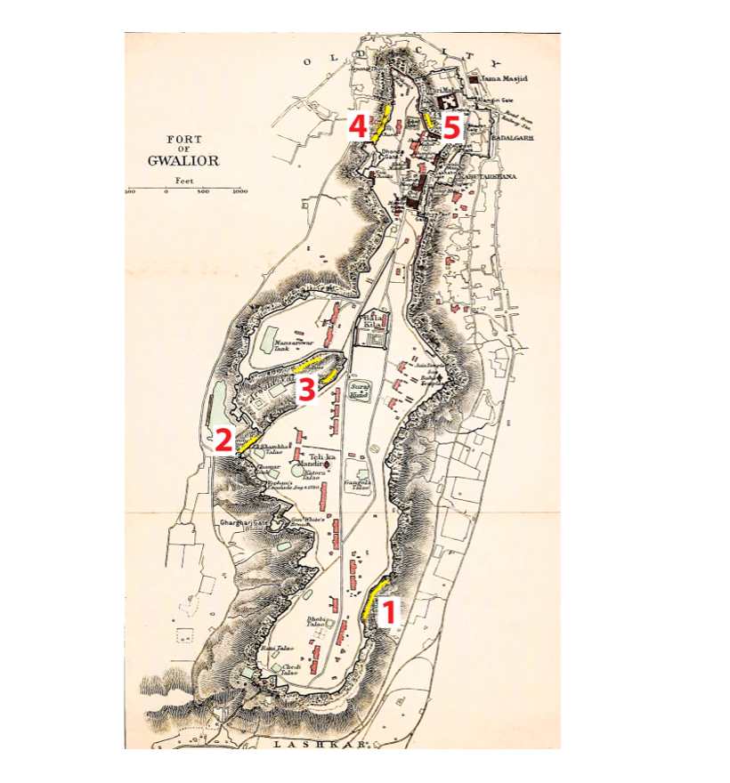 Plan of Gwalior Caves  Image: 1.	Gopachal Parvat (SE Group)
2.	SW Group
3.	Siddhachal (Urvai Group)
4.	NW Group
5.	NE Group