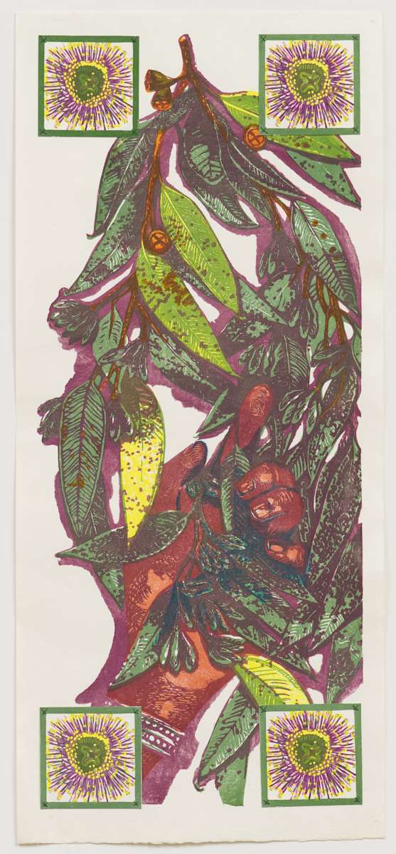 Interchange  (eucalyptus) by April Vollmer  Image: hand intertwining with eucalyptus leaves