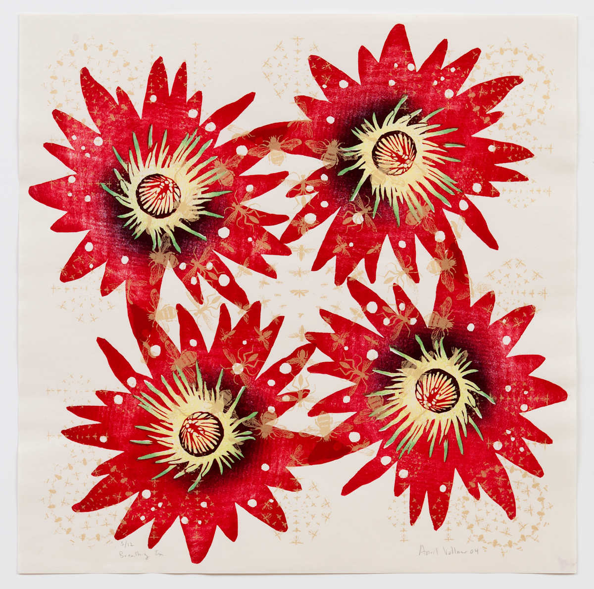 Breathing In by April Vollmer  Image: four red lotus flowers expanding, with radiating insect mandala