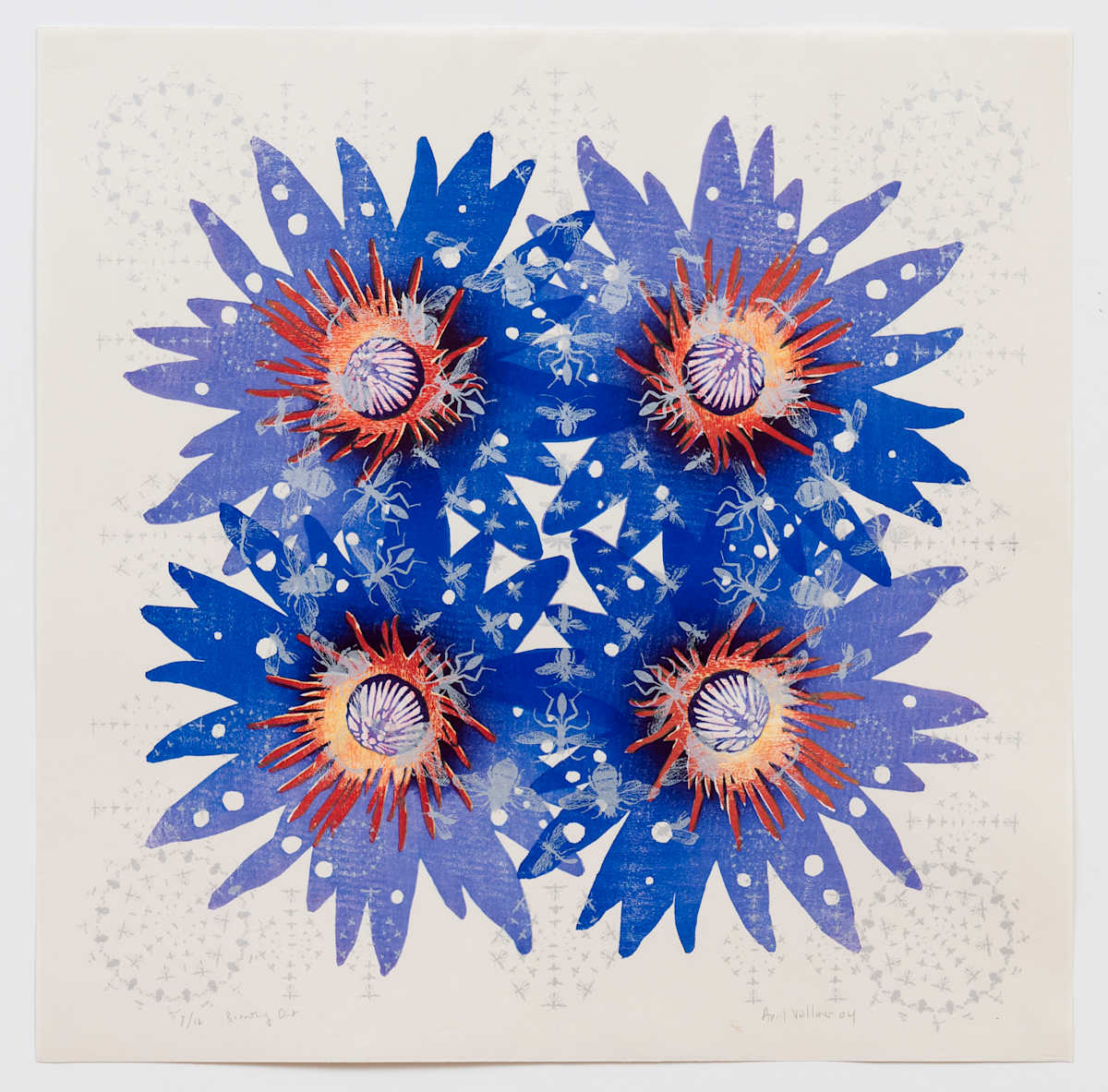Breathing Out by April Vollmer  Image: lotus printed four times, with silver insect silkscreen