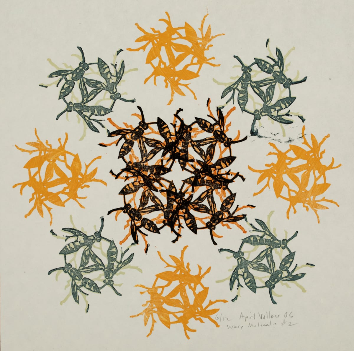 Wasp Molecule #2 by April Vollmer  Image: Wasp Molecule #1, wasp triplet printed a dozen times, atoms in a larger molecule