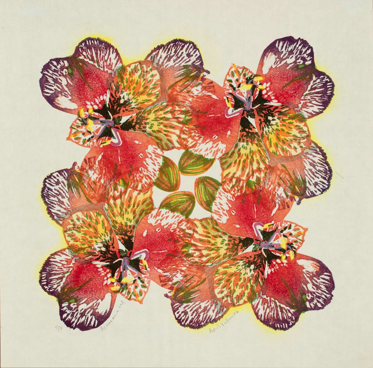 Alstroemeria, red (ed 8) by April Vollmer  Image: this red version of Alstroemeria was printed on opaque washi with buds in the center