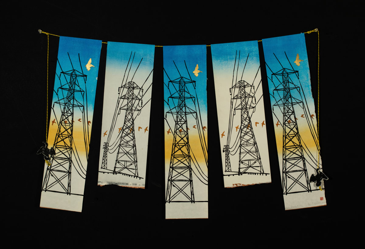 High Tension Lines by April Vollmer  Image: high tension power lines, five elements hung on string, with cormorant finials hanging from ends