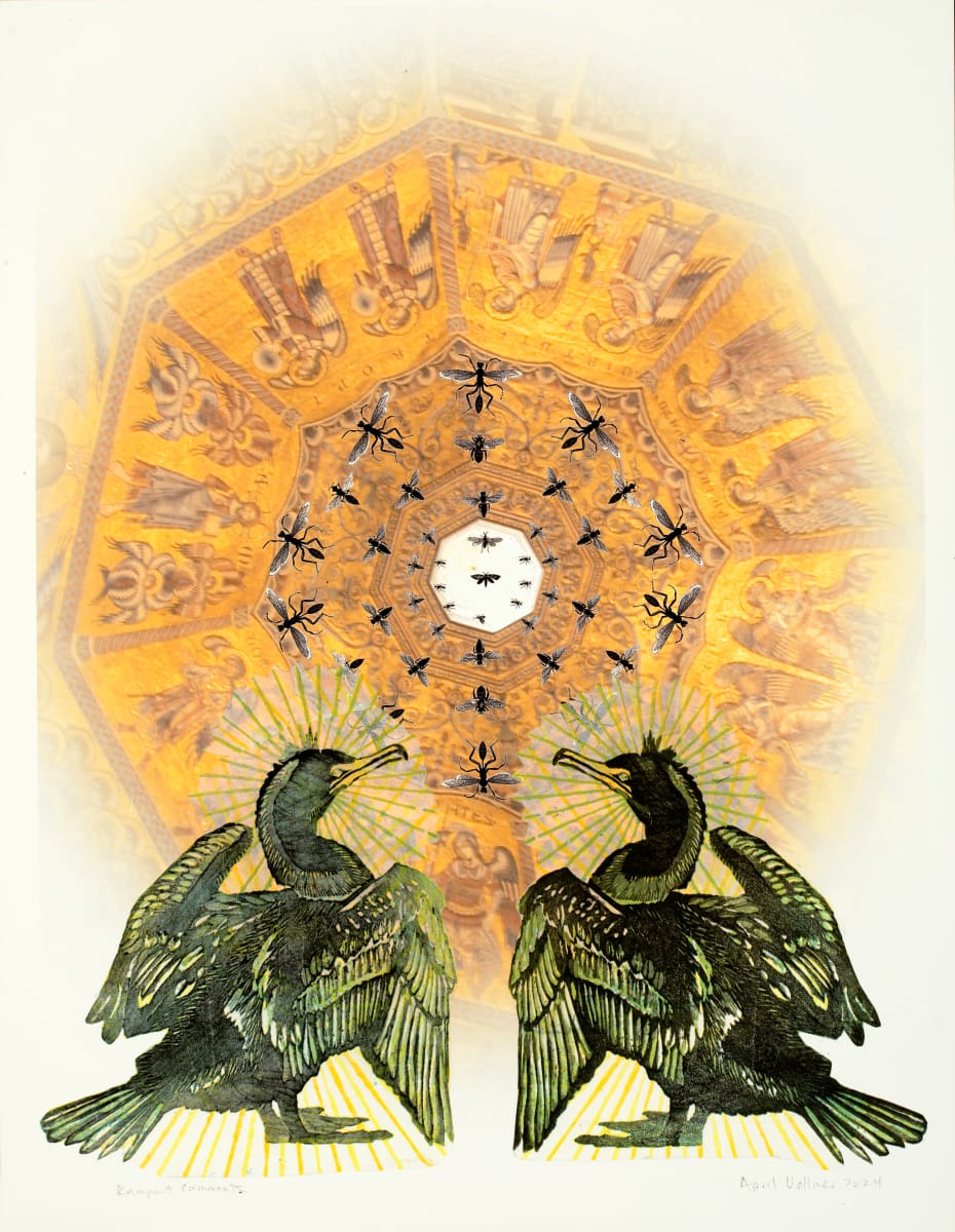 Rampant Cormorants in Florence by April Vollmer  Image: double crested cormorants facing one another with the Florence baptistry and insects