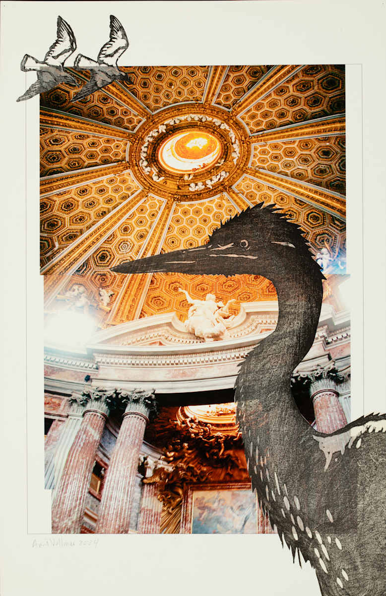 Inside Out: Sant'Andrea alle Quiernale with heron by April Vollmer  Image: woodcut collage on digital print of Bernini's theatrical church San Andrea alle Quiernale