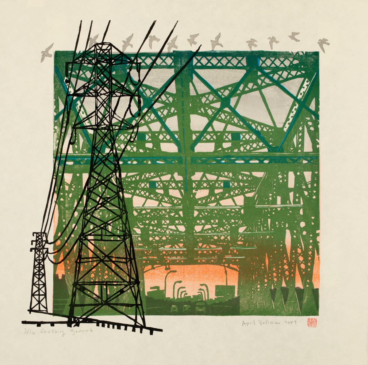 Crossing Ground (bridge with pylon) (ed 16) by April Vollmer  Image: pylon with Third Avenue bridge and birds migrating overhead
