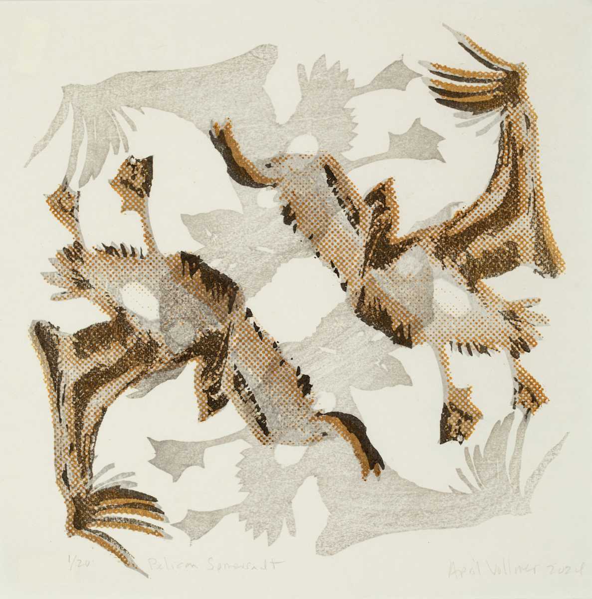 Pelican Somersault (ed 20) by April Vollmer  Image: photo Ron Jones, two machine cut blocks with one hand cut block each printed twice 
