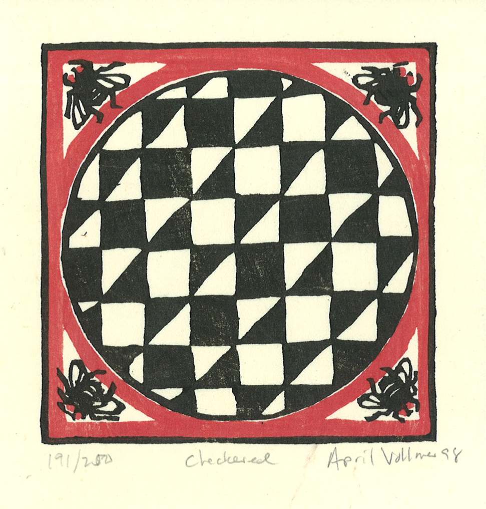 Checkered (1998 solstice card) by April Vollmer  Image: Roman mosaic with corner flies, solstice card