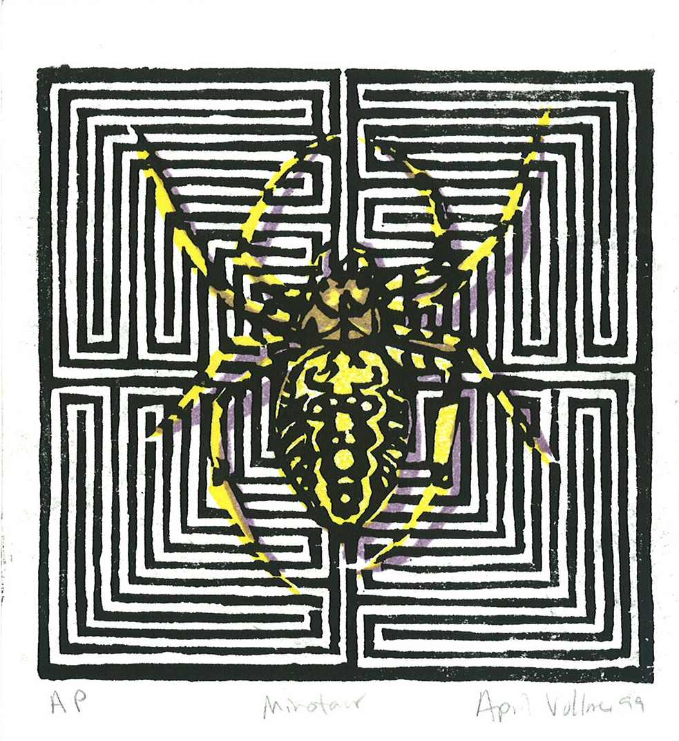 Minotaur (1999 solstice card) by April Vollmer  Image: garden spider at the center of a labyrinth, like the dangerous minotaur, solstice card