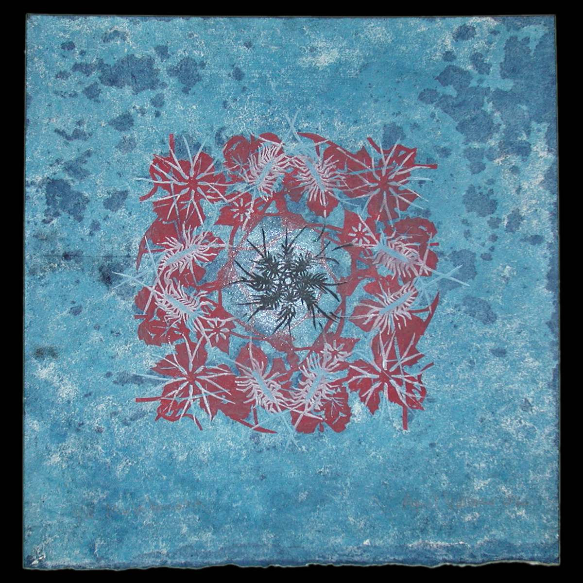 Mulabandha by April Vollmer  Image: woodcut on dyed kizuki hanga washi (cadmium, sumi, titanium and a little mica)