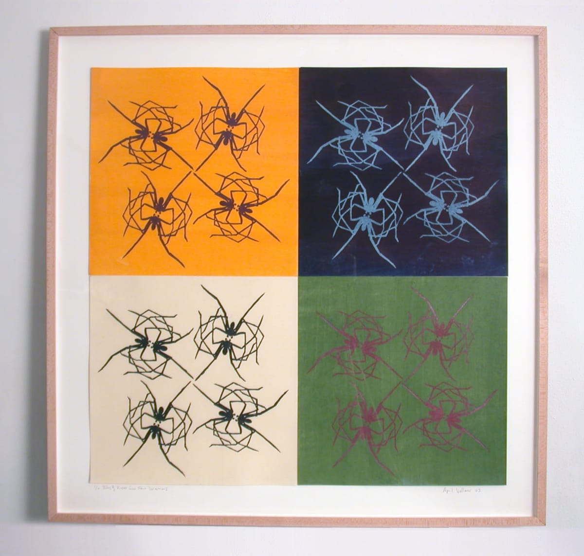 Bites and Kisses from 4 directions by April Vollmer  Image: mokuhanga woodcut with mica on dyed kozo misimi washi