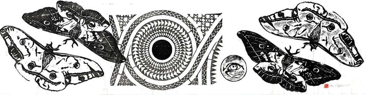 Landscape Series #5 (silk moths/spiral mosaic) by April Vollmer  Image: 2007 Landscape Series #5, silk moths and a spiral floor mosaic, 37 x 9 inches, woodcut on gampi