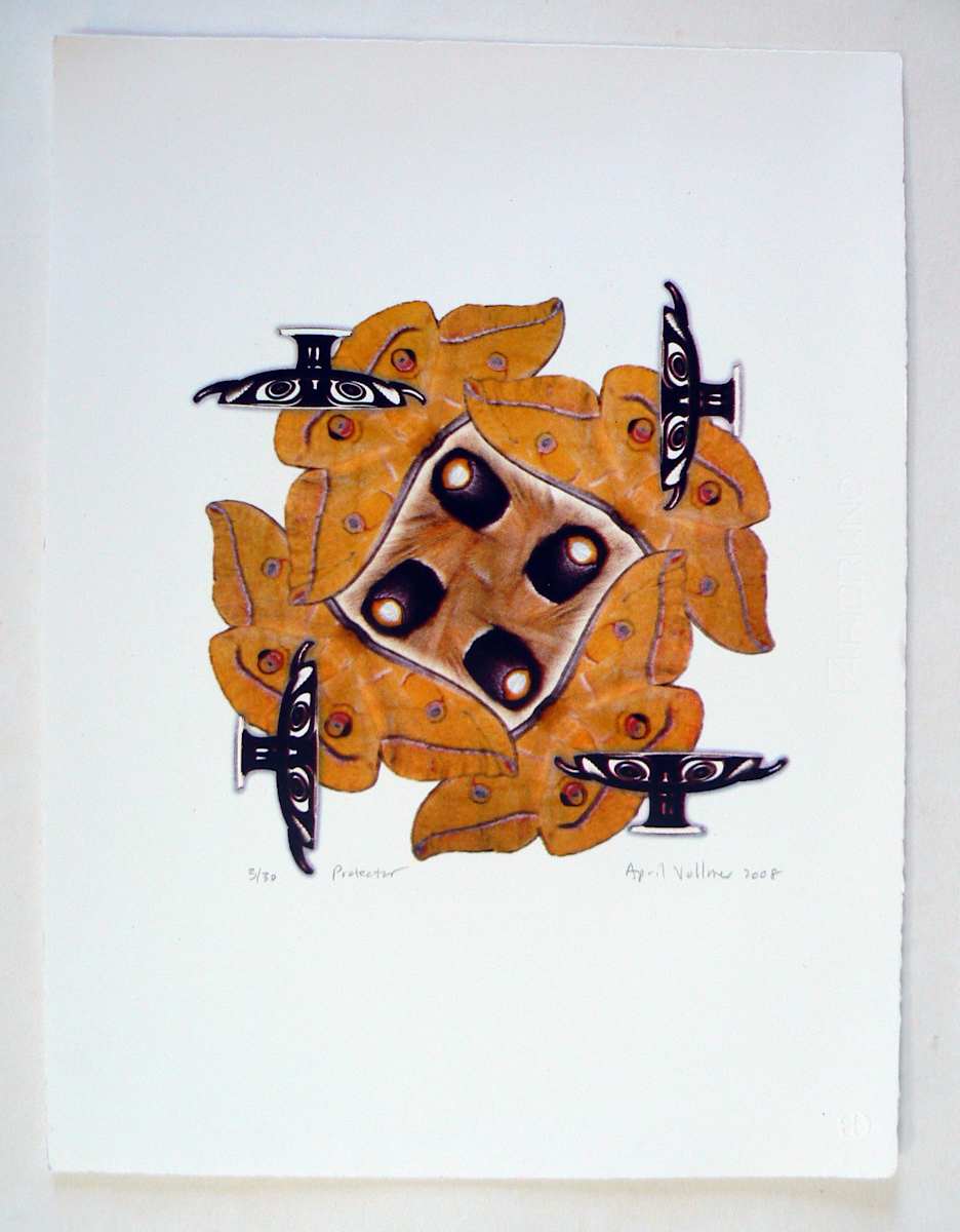 Protector (Apotropaic Object II) by April Vollmer  Image: silk moth with eyespots in a rotating pattern with Greek eye cups