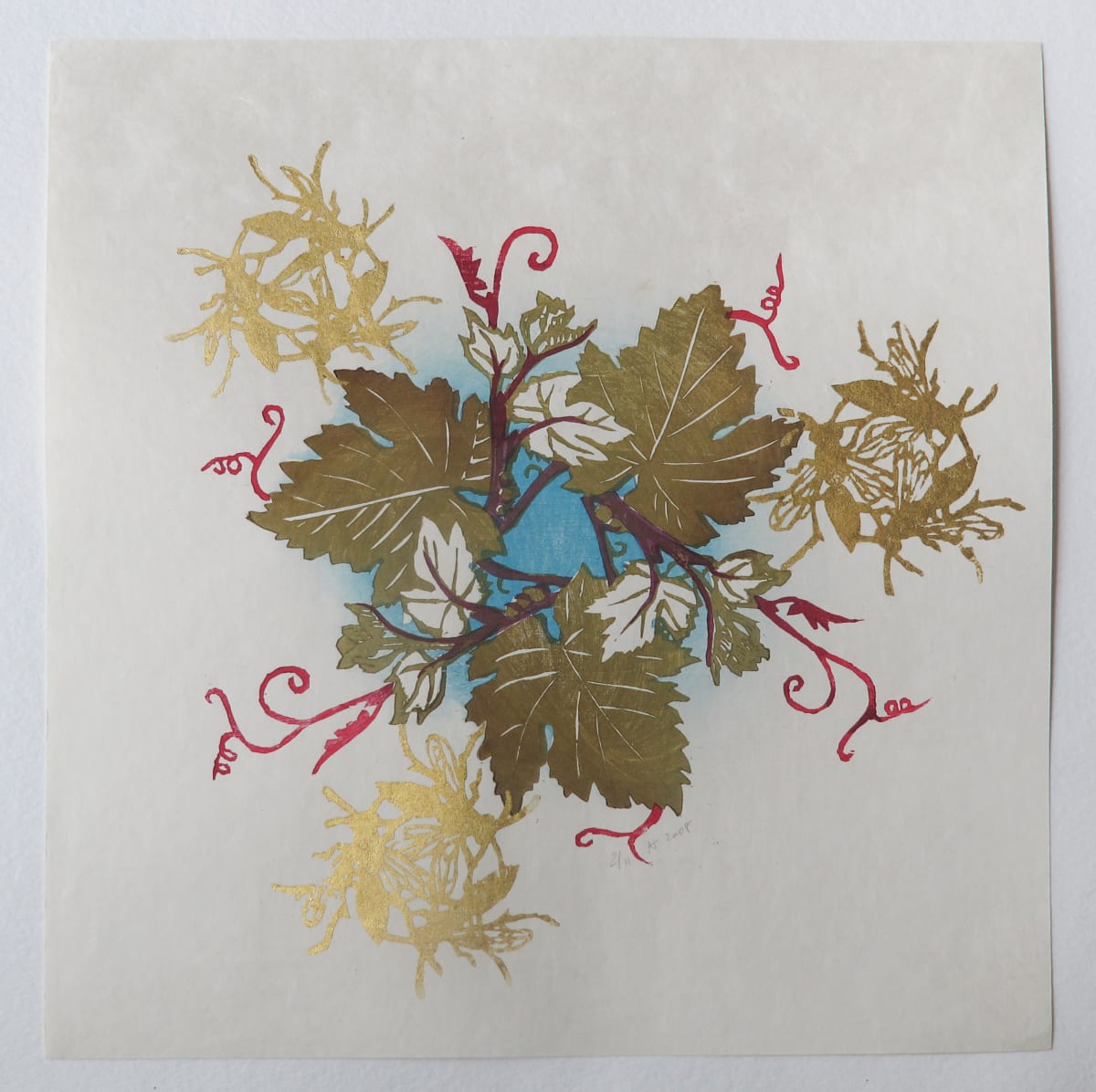Three of Hearts/Green Melissae (Deck of Cards Exchange) by April Vollmer  Image: Grape leaf circle pattern with gold leaf wreath triplets, for Kavita Shah's Deck of Cards portfolio