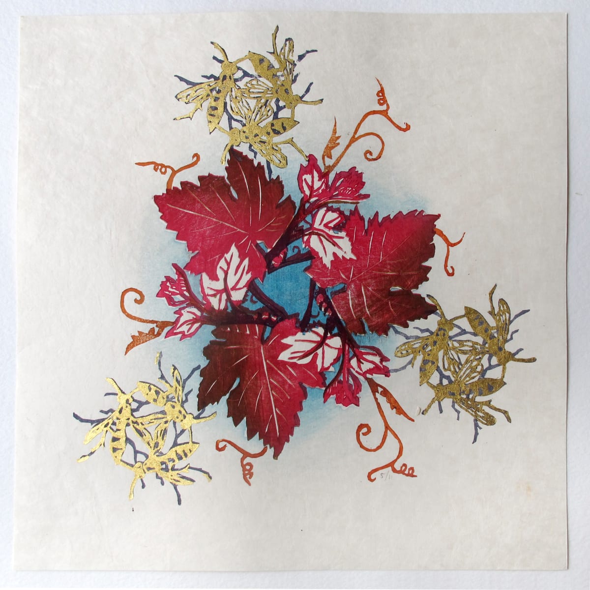 Melissae (red) Three of Hearts by April Vollmer  Image: 5/11 Grape leaf circle pattern with gold leaf wreath wasp triplets, for Kavita Shah's Deck of Cards portfolio