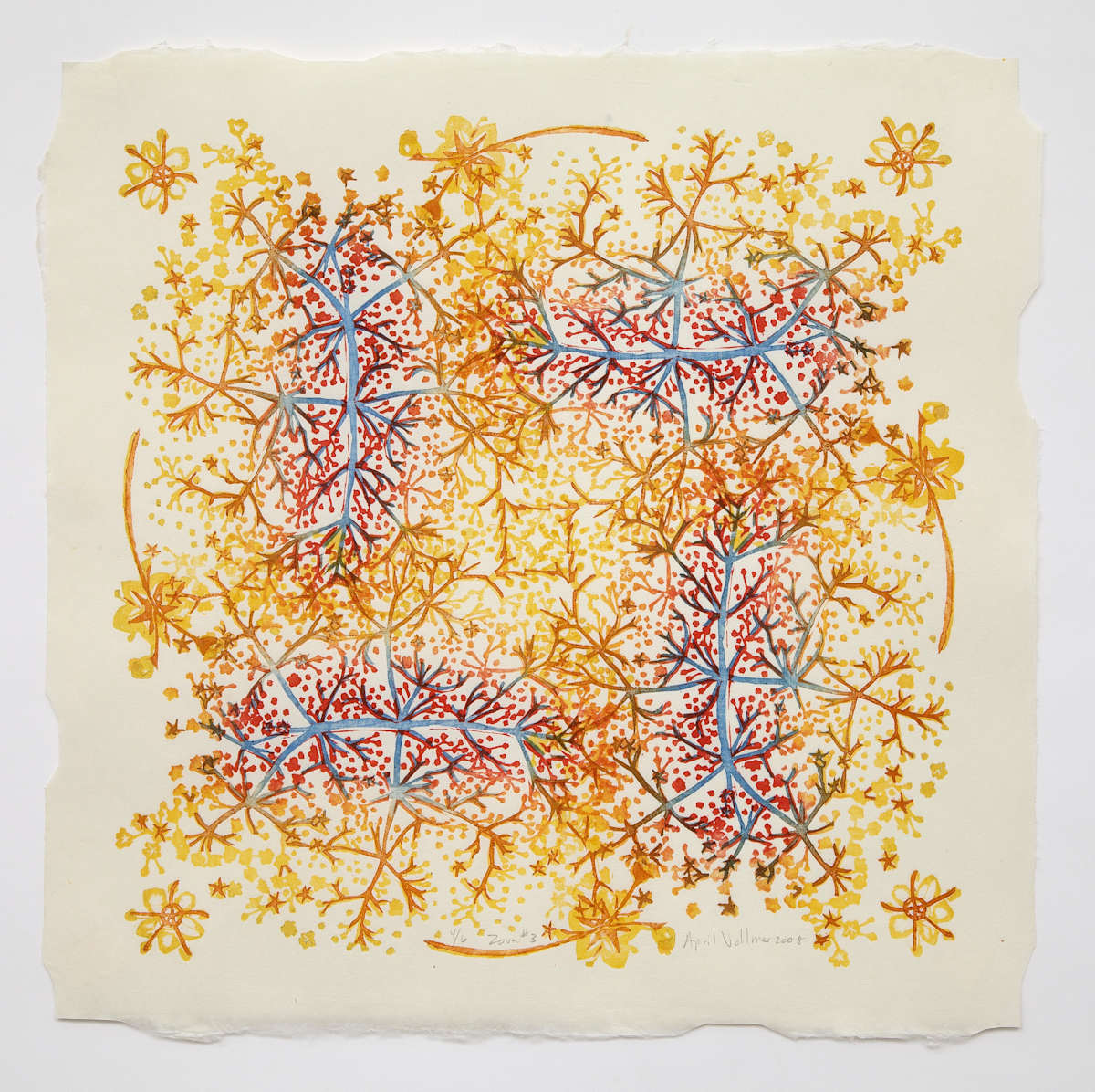 Zova Network #3 (gold) (ed 6) by April Vollmer  Image: gold version of Zova, elderflower patterns from two blocks