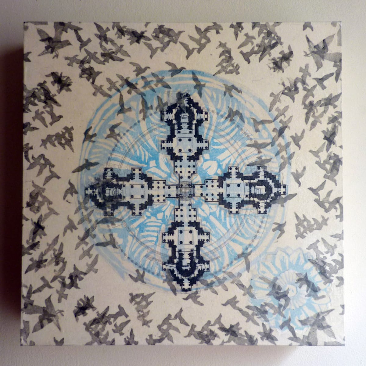 Kosha 6 by April Vollmer  Image: temple plans over woodcut Sanchi rondel, all overlaid with birds