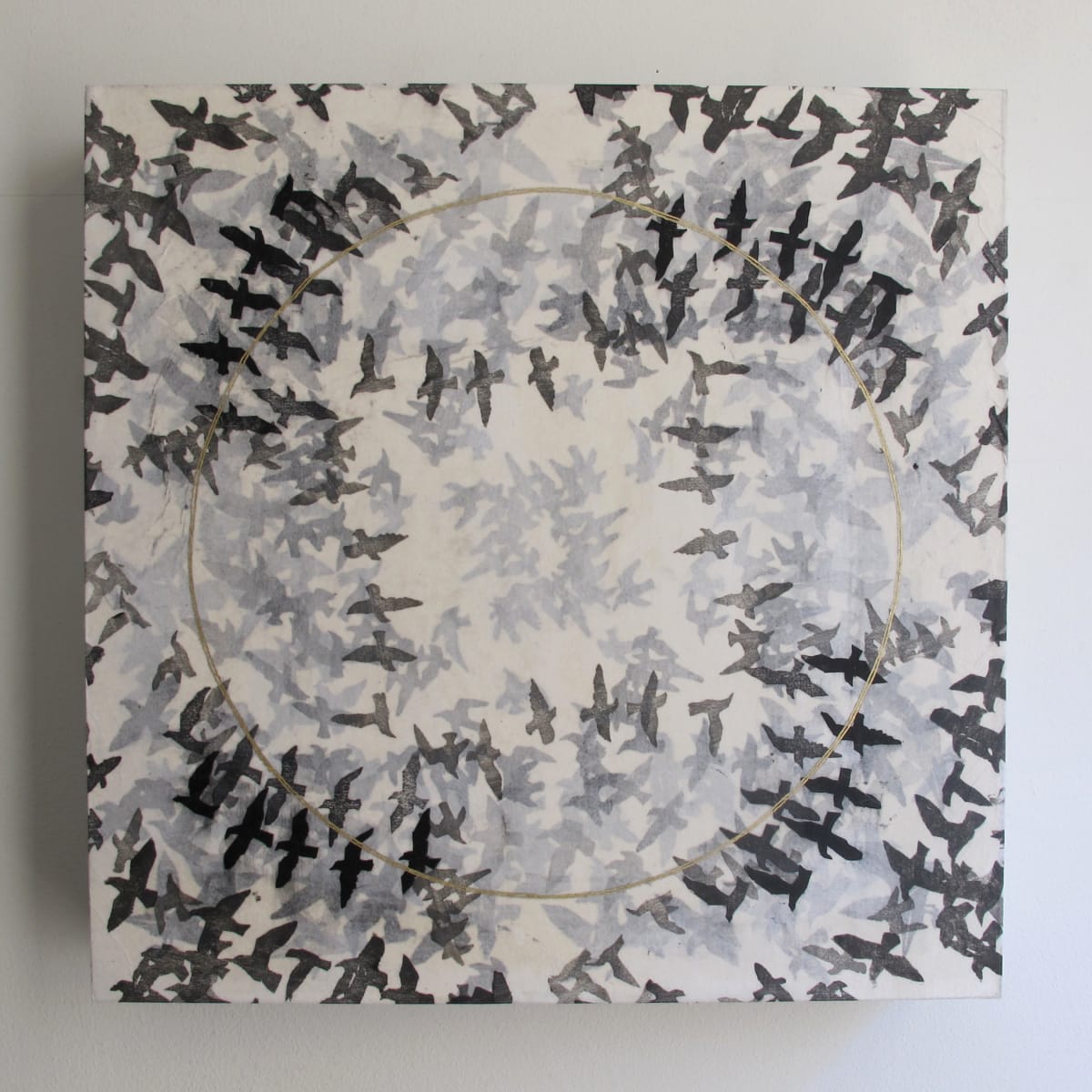 Kosha 9 by April Vollmer  Image: many layers of birds printed on transucent washi, with a gold circle