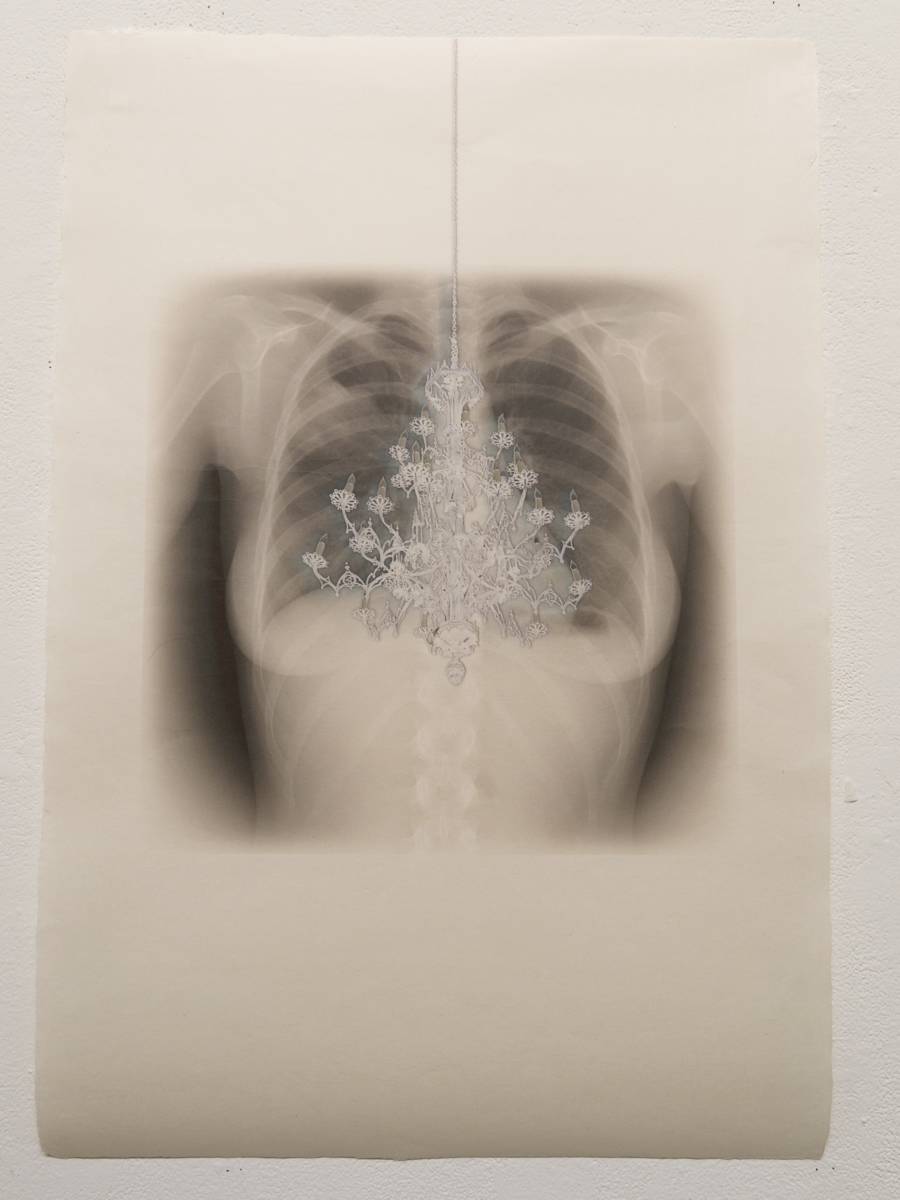 Breath Chandelier (white) by April Vollmer  Image: all digital white chandelier on torso