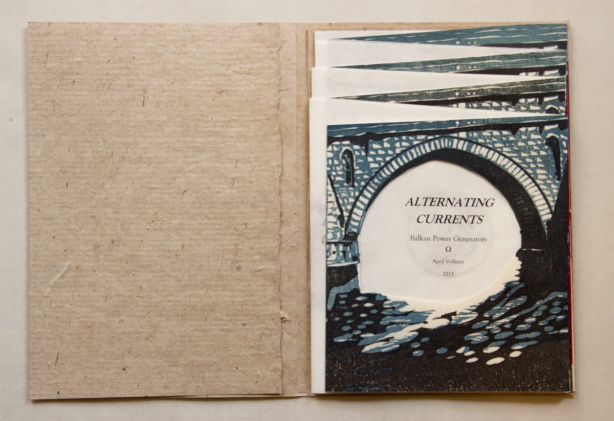 Alternating Currents by April Vollmer  Image: 2013 Alternating Currents, woodcut and digital double accordion book on washi, 8.5 x 14 inches